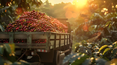 Cargo truck carrying coffee beans in a plantation with sunset. Concept of food production, transportation, cargo and shipping.の素材