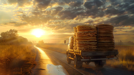 Cargo truck full of pancakes on the road in the french countryside and sunset. Concept of high quality food products, cargo and shipping.の素材