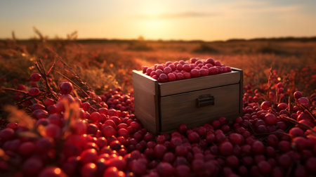 Cranberries harvested in a wooden box in a farm with sunset. Natural organic fruit abundance. Agriculture, healthy and natural food concept. Horizontal composition.の素材