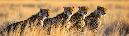 Cheetah standing in the savanna with setting sun shining. Group of wild animals in nature. Horizontal, banner.の素材