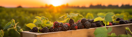 Blackberries harvested in a wooden box in a farm with sunset. Natural organic fruit abundance. Agriculture, healthy and natural food concept. Horizontal composition, banner.の素材