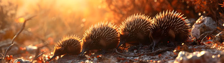 Echidna in the mountainous countryside with setting sun shining. Group of wild animals in nature. Horizontal, banner.の素材