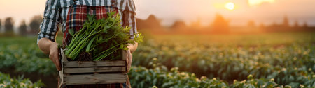Beautiful young farmer woman holding a wooden box full of fresh celery standing in the field with sunset. Concept of healthy lifestyle, local farming and beauty.の素材
