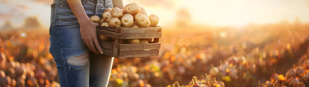 Beautiful young farmer woman holding a wooden box full of fresh potatoes standing in the field with sunset. Concept of healthy lifestyle, local farming and beauty.の素材