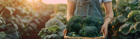 Beautiful young farmer woman holding a wooden box full of broccoli vegetables standing in the field with sunset. Concept of healthy lifestyle, local farming and beauty.の素材