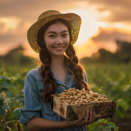 Beautiful young farmer woman holding a wooden box full of peanuts standing in the field with sunset. Concept of healthy lifestyle, local farming and beauty.の素材