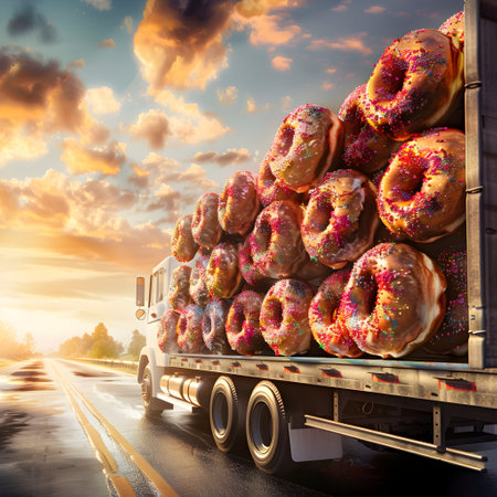 Truck with donuts on the background of the road at sunset.の素材