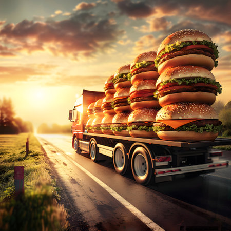 Cargo truck full of hamburgers on the road in the american countryside and sunset. Concept of high quality food products, cargo and shipping.の素材
