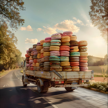 Cargo truck full of macarons on the road in the french countryside and sunset. Concept of high quality food products, cargo and shipping.の素材