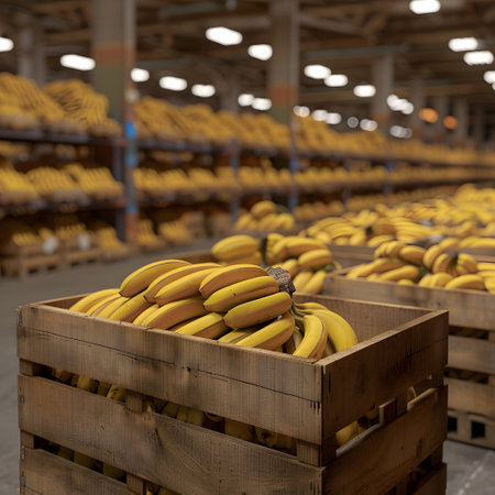 Banana bunches harvested in wooden boxes in a warehouse. Natural organic fruit abundance. Healthy and natural food storing and shipping concept.の素材