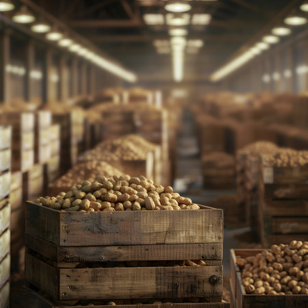 Peanuts harvested in wooden boxes in a warehouse. Natural organic fruit abundance. Healthy and natural food storing and shipping concept.の素材
