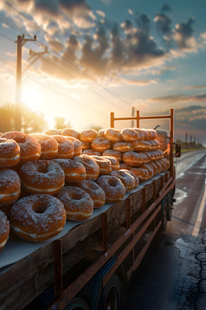 Truck with freshly baked donuts on the background of the sunset.の素材