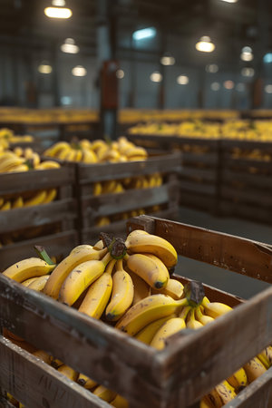 Banana bunches harvested in wooden boxes in a warehouse. Natural organic fruit abundance. Healthy and natural food storing and shipping concept.の素材
