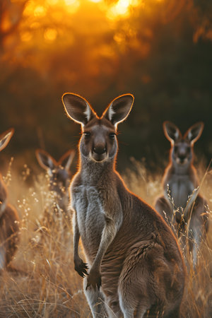 Kangaroo standing in the savanna with setting sun shining. Group of wild animals in nature.の素材
