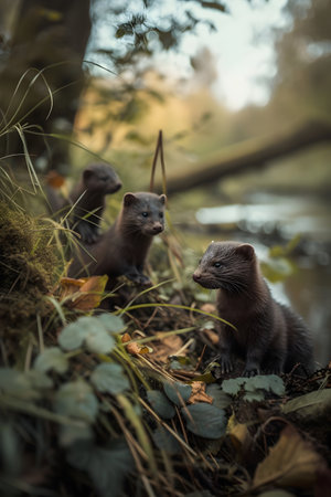 Mink family in the forest with setting sun shining. Group of wild animals in nature.の素材