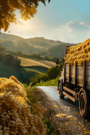 Cargo truck full of pasta products on the road in the pasture with sheep in a tuscany countryside and sunset. Concept of high quality food products, local farming, cargo and shipping.の素材