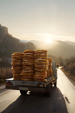 Cargo truck full of pancakes on the road in the french countryside and sunset. Concept of high quality food products, cargo and shipping.の素材