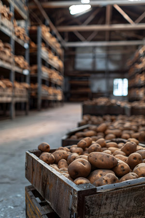 Sweet potatoes harvested in wooden boxes in a warehouse. Natural organic fruit abundance. Healthy and natural food storing and shipping concept.の素材