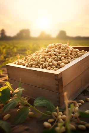 Soya beans harvested in a wooden box in a plantation with sunset. Natural organic fruit abundance. Agriculture, healthy and natural food concept. Vertical composition.の素材