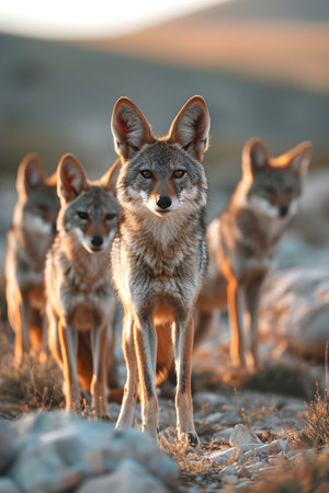 Jackal family standing in front of the camera in the rocky plains with setting sun. Group of wild animals in nature.の素材