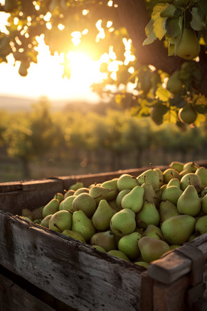 Cargo truck carrying green pear fruit in an orchard with sunset. Concept of food production, transportation, cargo and shipping.の素材