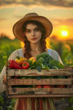Beautiful young farmer woman holding a wooden box full of fresh vegetables standing in the field with sunset. Concept of healthy lifestyle, local farming and beauty.の素材