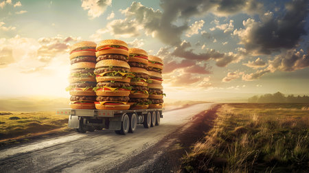 Cargo truck full of hamburgers on the road in the american countryside and sunset. Concept of high quality food products, cargo and shipping.の素材