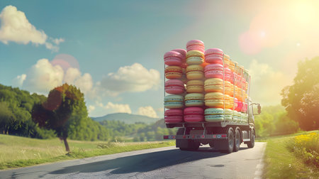 Cargo truck full of macarons on the road in the french countryside and sunset. Concept of high quality food products, cargo and shipping.の素材