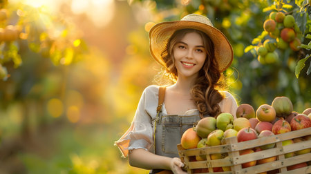 Beautiful young farmer woman holding a wooden box full of fresh fruits standing in the orchard with sunset. Concept of healthy lifestyle, local farming and beauty.の素材