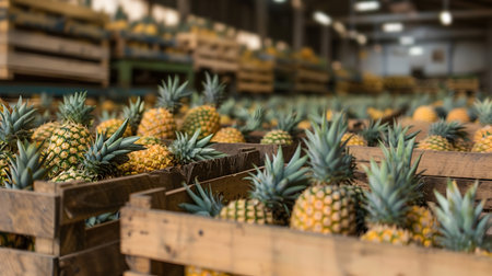 Pineapple bunches harvested in wooden boxes in a warehouse. Natural organic fruit abundance. Healthy and natural food storing and shipping concept.の素材