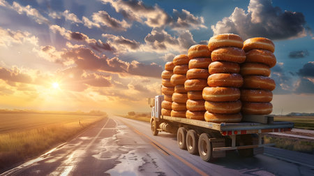 Cargo truck full of donuts on the road in the french countryside and sunset. Concept of high quality food products, cargo and shipping.の素材