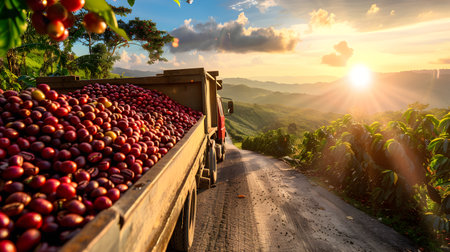 Cargo truck carrying coffee beans in a plantation with sunset. Concept of food production, transportation, cargo and shipping.の素材