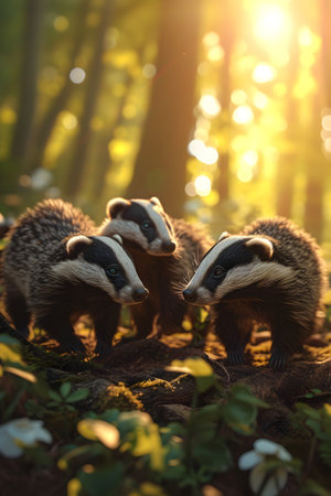 Badgers standing in the forest in the evening with setting sun shining. Group of wild animals in nature.の素材