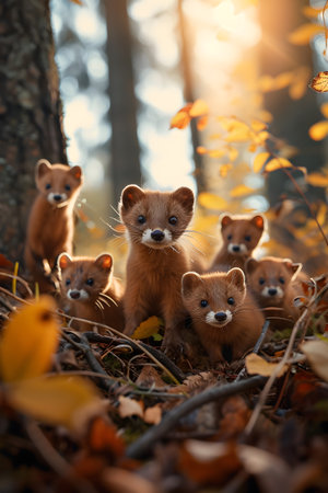 Marten family in the forest with setting sun shining. Group of wild animals in nature.の素材
