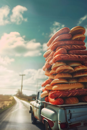Cargo truck full of hot dogs on the road in the american countryside and sunset. Concept of high quality food products, cargo and shipping.の素材
