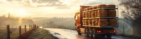 Cargo truck full of pancakes on the road in the french countryside and sunset. Concept of high quality food products, cargo and shipping.の素材