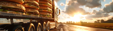Cargo truck full of hamburgers on the road in the american countryside and sunset. Concept of high quality food products, cargo and shipping.の素材