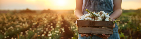 Beautiful young farmer woman holding a wooden box full of fresh celery standing in the field with sunset. Concept of healthy lifestyle, local farming and beauty.の素材