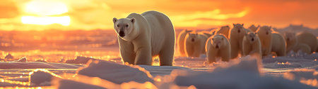Polar bear family in the arctic region with setting sun shining. Group of wild animals in nature.の素材