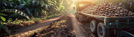 Cargo truck carrying coffee beans in a plantation with sunset. Concept of food production, transportation, cargo and shipping.の素材