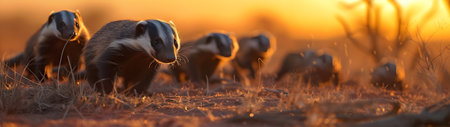 Honey badgers in the savanna in the evening with setting sun shining. Group of wild animals in nature. Horizontal, banner.の素材