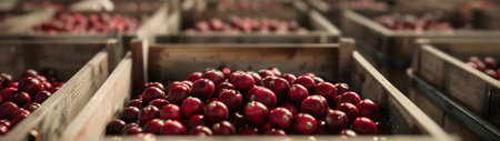 Cranberries harvested in wooden boxes in a warehouse. Natural organic fruit abundance. Healthy and natural food storing and shipping concept.の素材