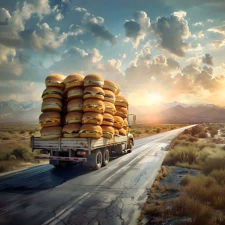 Cargo truck full of hamburgers on the road in the american countryside and sunset. Concept of high quality food products, cargo and shipping.の素材