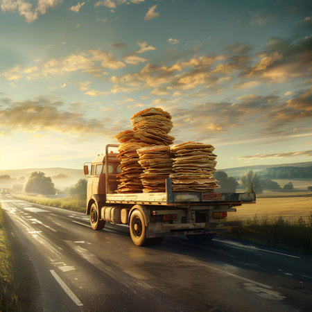 Cargo truck full of pancakes on the road in the french countryside and sunset. Concept of high quality food products, cargo and shipping.の素材