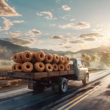 Truck carrying donuts on the road at sunset.の素材