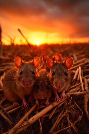 Mice in the harvested field in summer evening with setting sun. Group of wild animals in nature.の素材