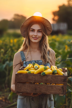 Beautiful young farmer woman holding a wooden box full of yellow zucchini vegetable standing in the field with sunset. Concept of healthy lifestyle, local farming and beauty.の素材