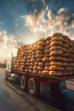 Truck loaded with freshly baked bagels on the road at sunset.の素材