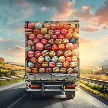Cargo truck full of macarons on the road in the french countryside and sunset. Concept of high quality food products, cargo and shipping.の素材