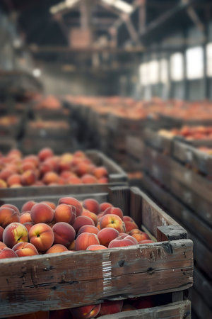 Peaches harvested in wooden boxes in a warehouse. Natural organic fruit abundance. Healthy and natural food storing and shipping concept.の素材